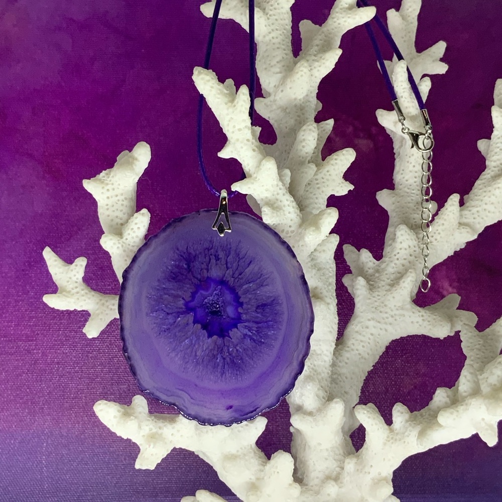 Handcrafted Purple Onyx Druzy Geode Agate Slice Necklace on Waxed Cotton Cord